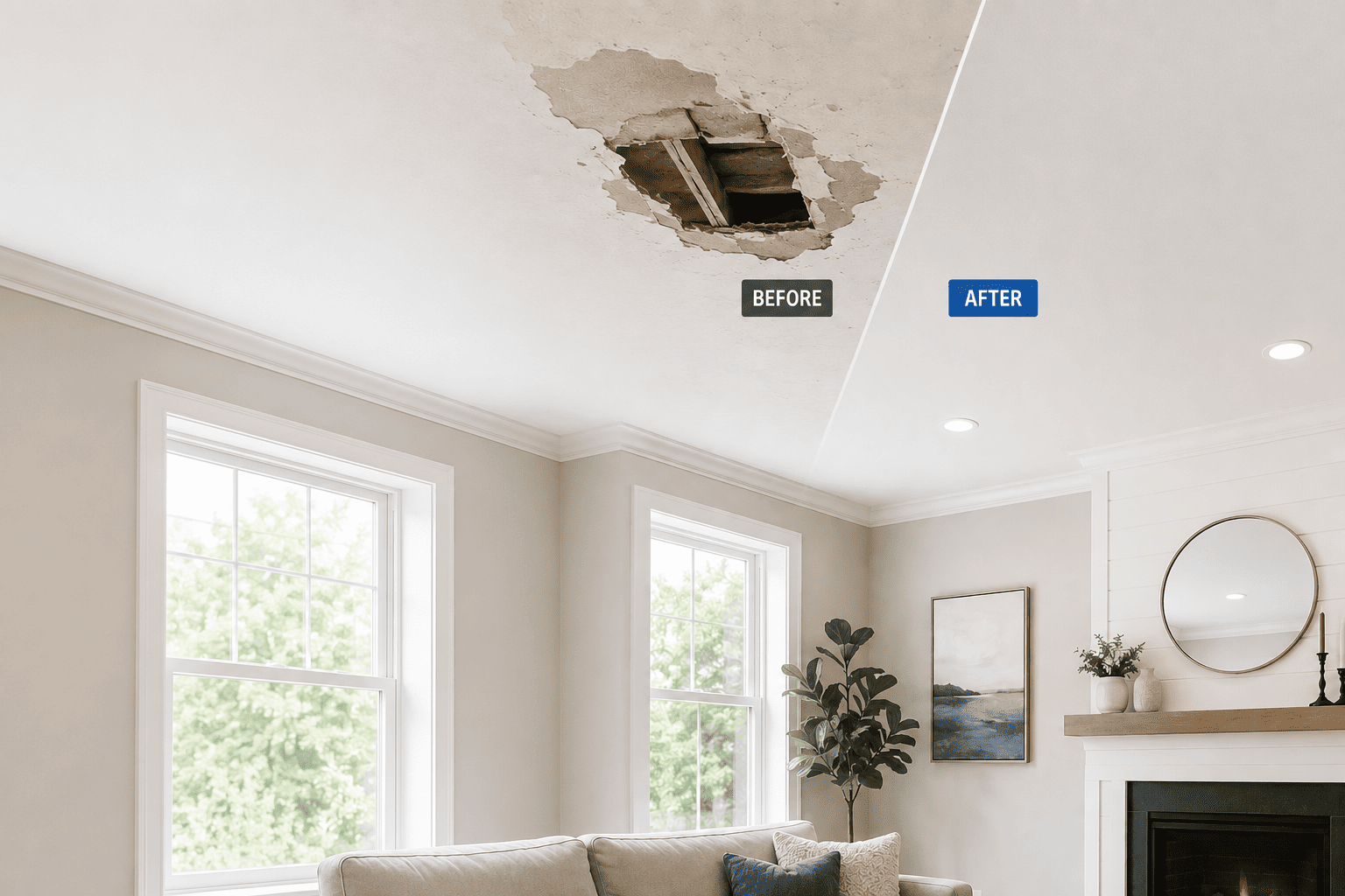 Drywall ceiling repair in Toronto — before and after water damage repair