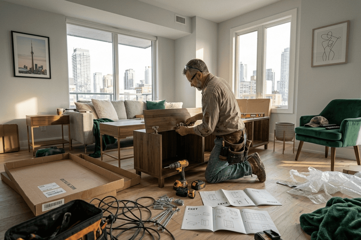 Multiple furniture assembly setup in Toronto home