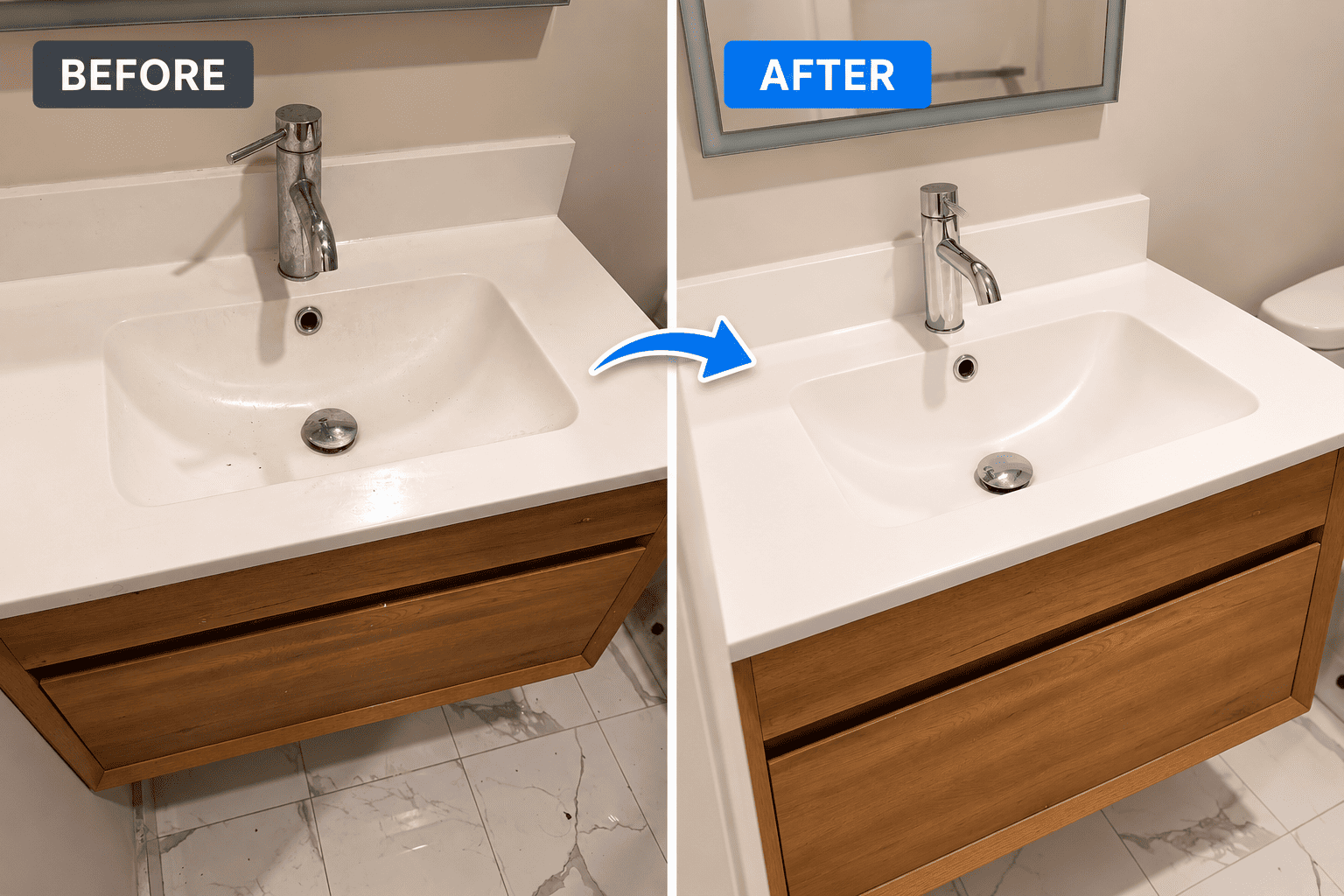 Bathroom vanity sink before cleaning, with marks around the white basin and faucet
