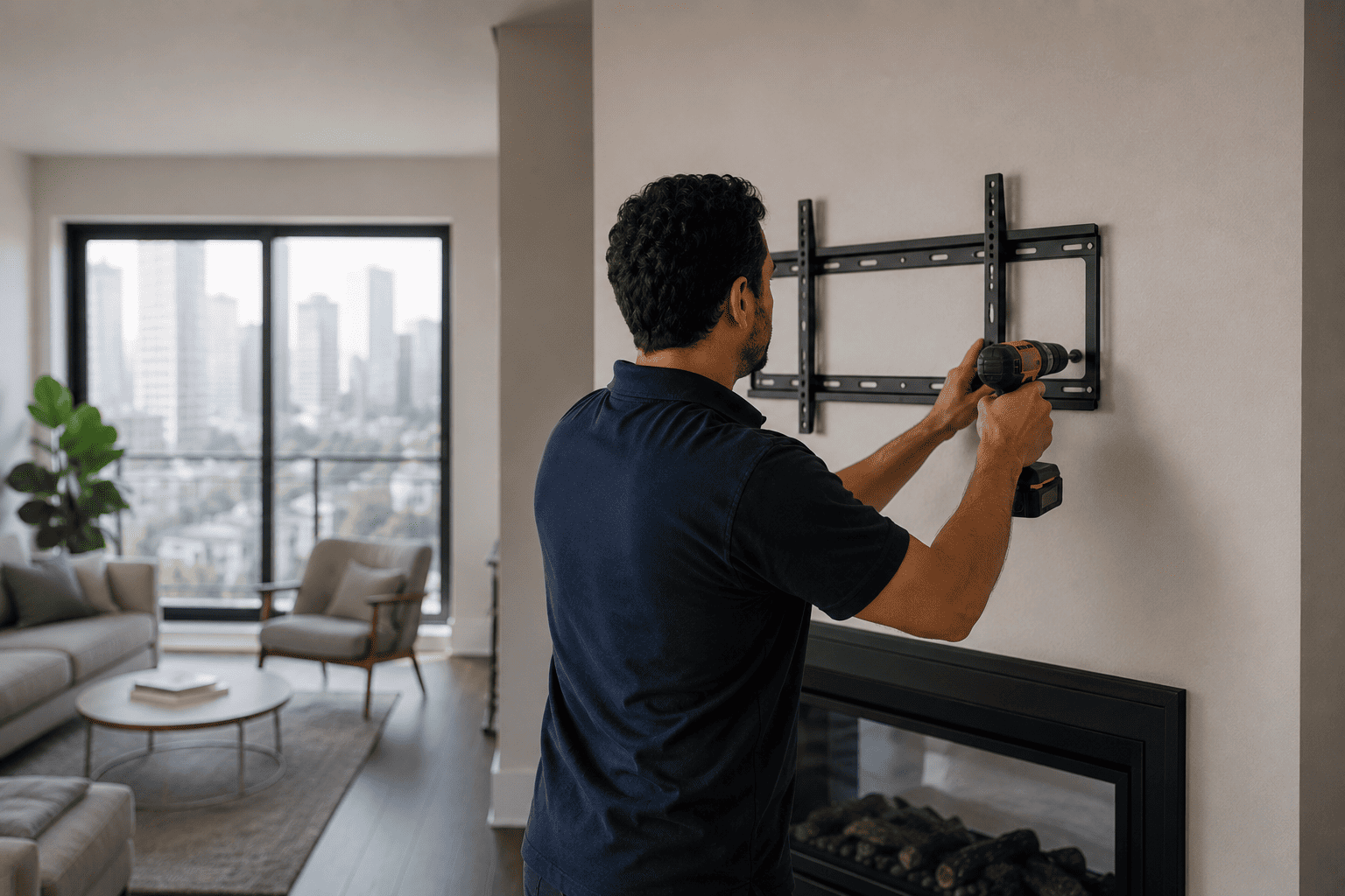 TV mounted above a stone fireplace in Toronto — professional Torr Handyman install