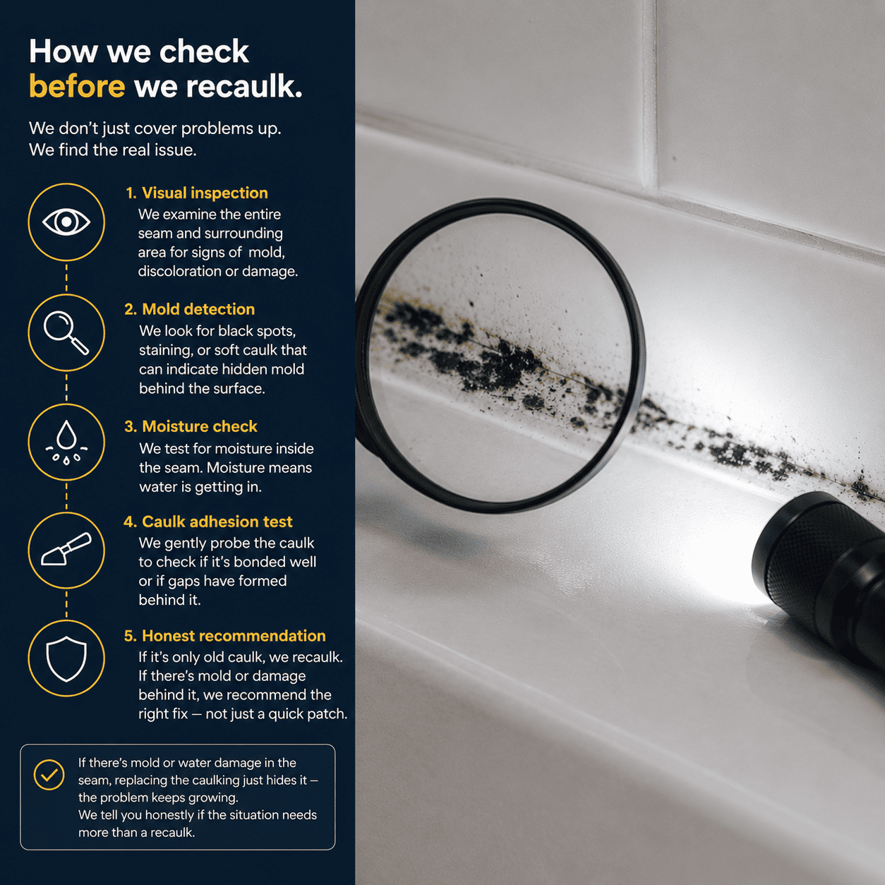 Assessing and mold-checking old caulking before removal — Toronto