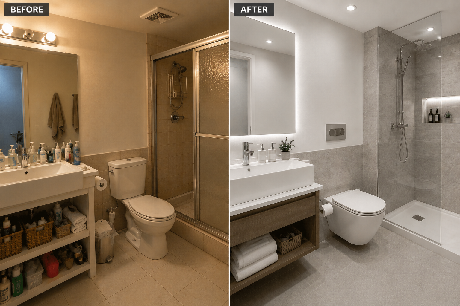 Finished condo bathroom renovation in a Toronto tower — tiled walk-in shower and floating vanity