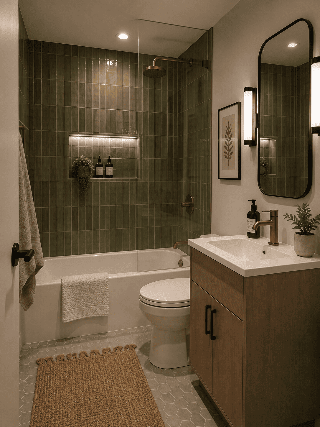 Small Condo Bathroom Renovation – Olive Green Tile & Custom Vanity