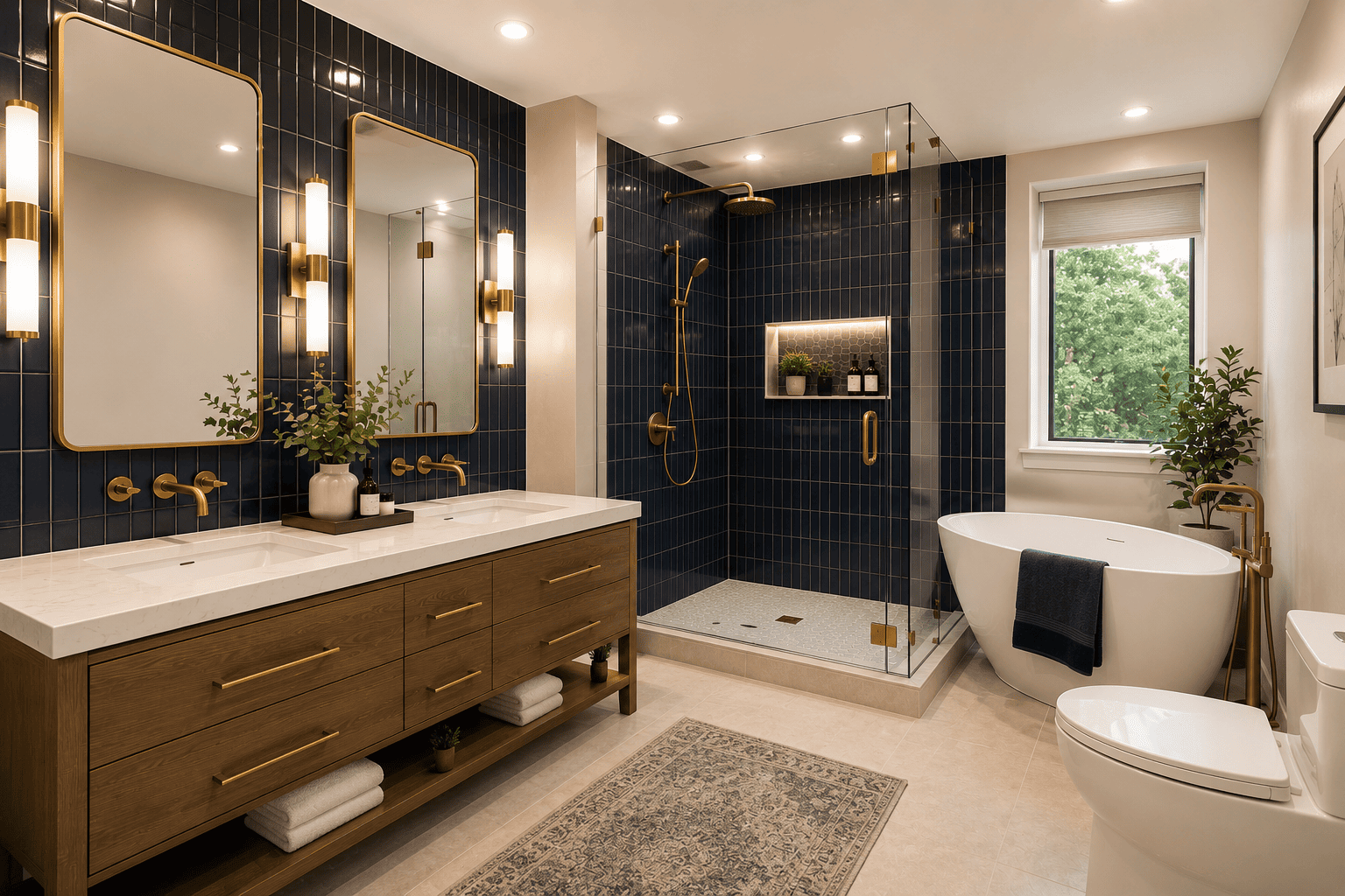 Luxury Condo Bathroom Renovation – Navy Blue Tile & Double Vanity