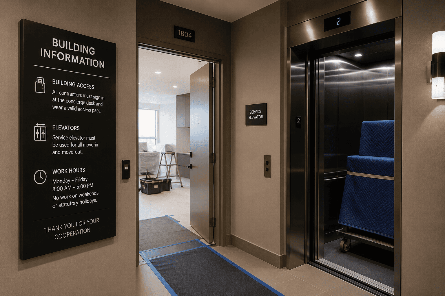 Freight elevator booking and protected corridor access for a Toronto condo bathroom renovation