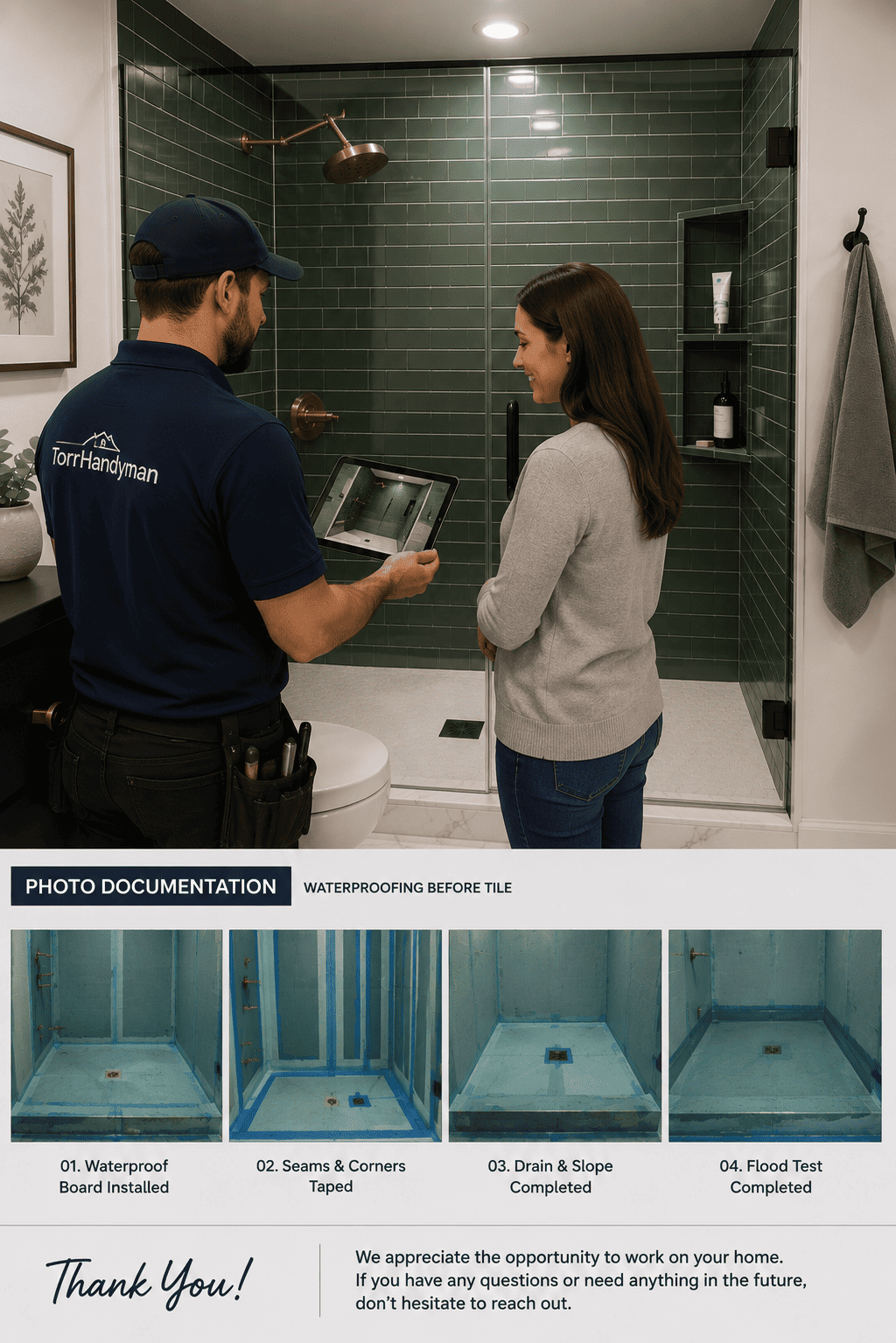 Final walkthrough of a completed tub-to-shower conversion in Toronto