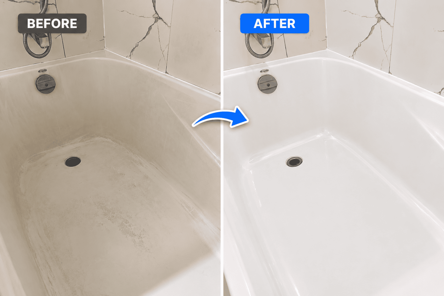 Bathtub before resurfacing, with visible worn patches across the white interior