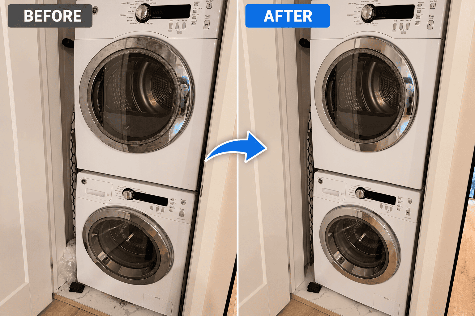 Stacked washer and dryer before cleaning, with residue on the door rims