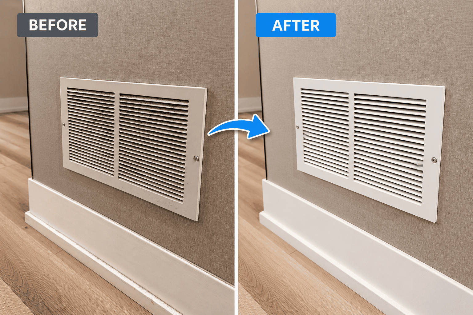 Wall vent grille before cleaning, with dust collected between the slats