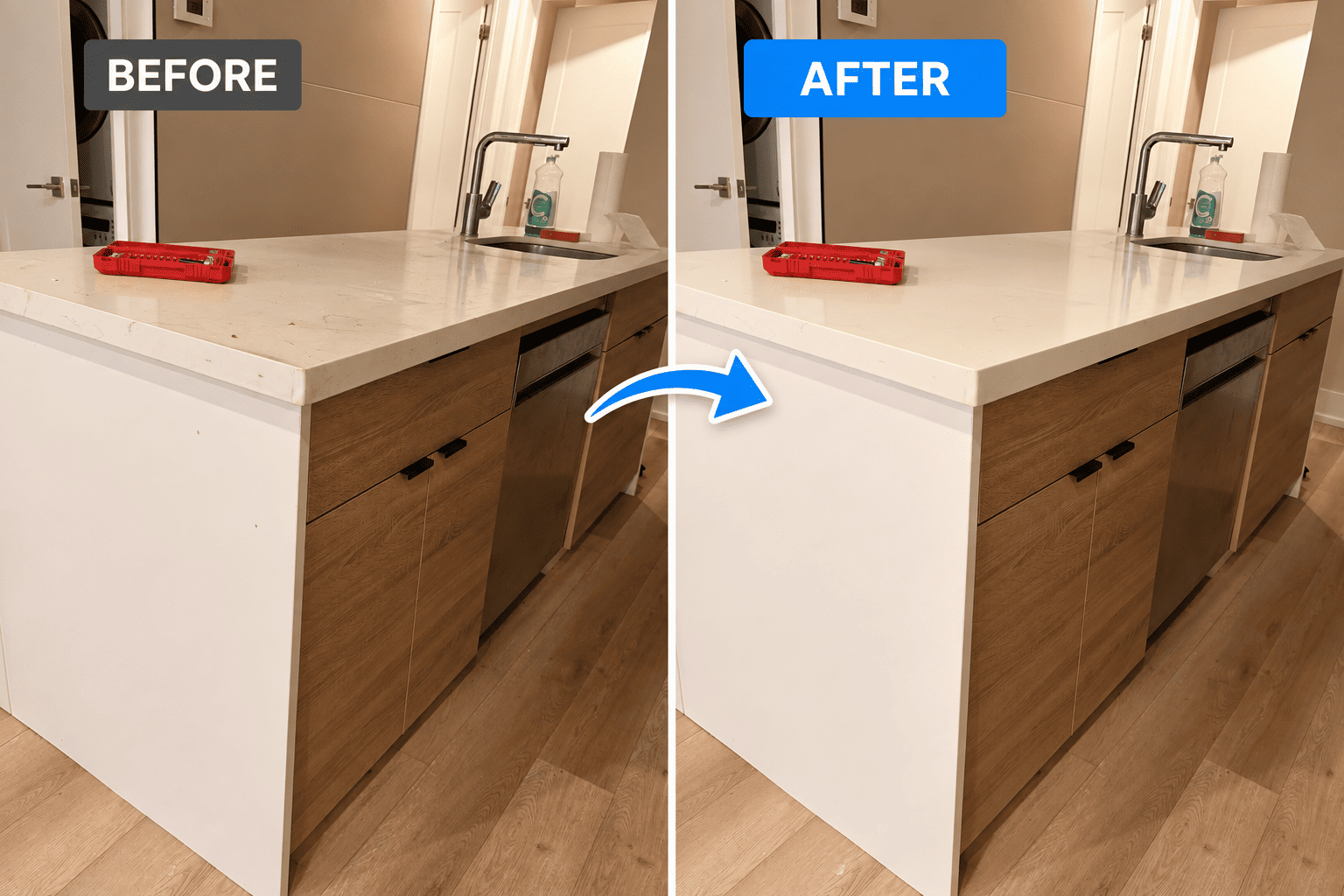 Kitchen island countertop before cleaning, with small marks on the white surface