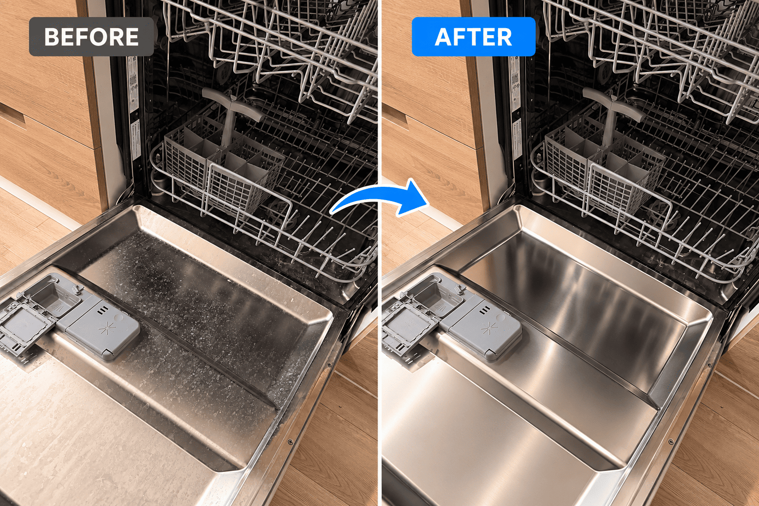 Open dishwasher door before cleaning, with water spots across the metal panel
