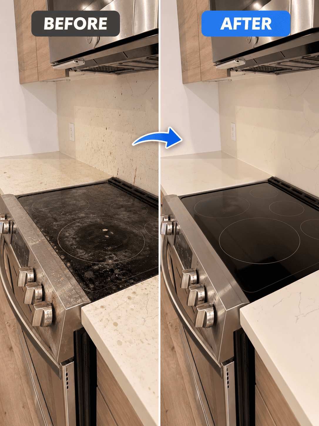 Glass stovetop and backsplash before cleaning, with grease and cooking marks