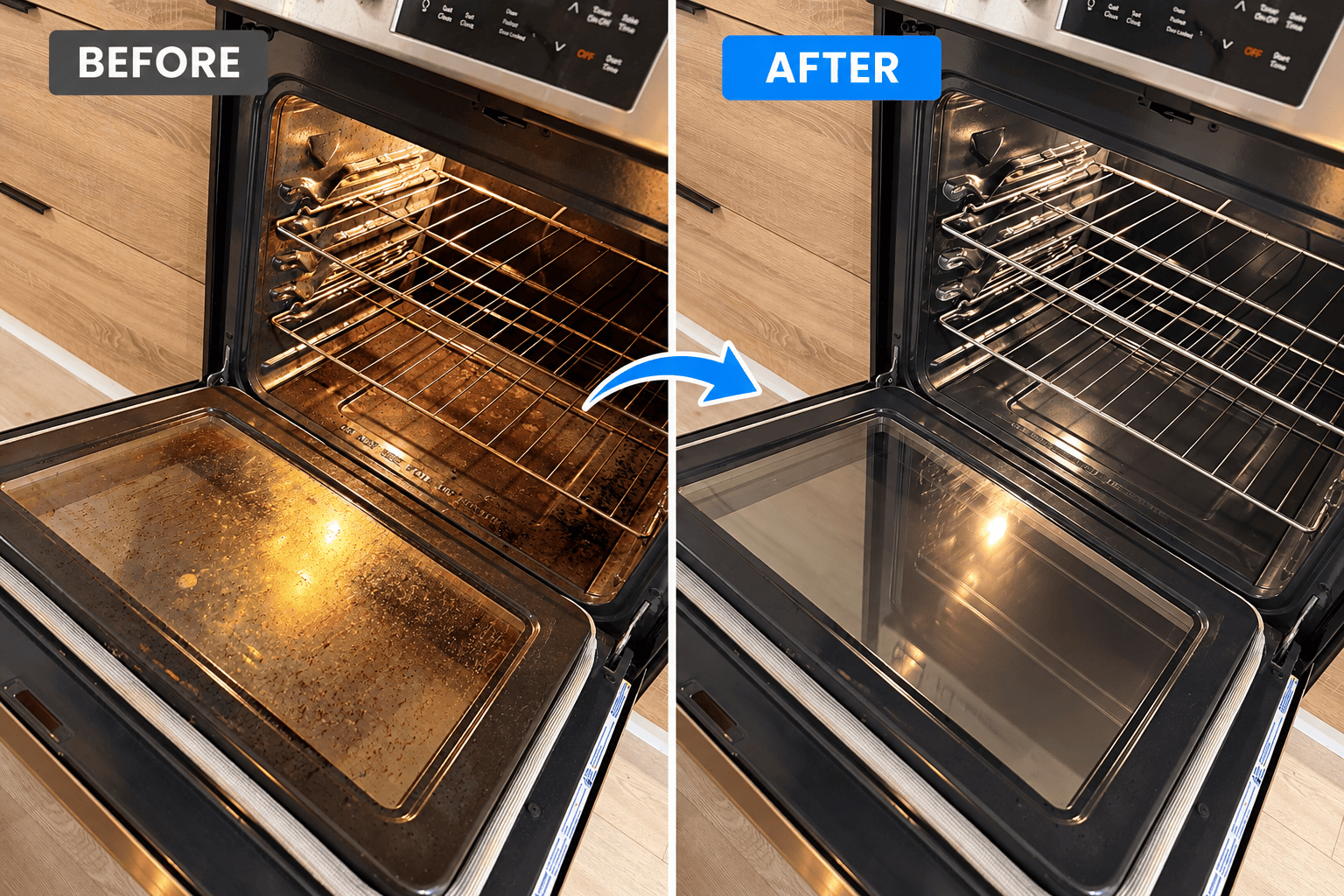 Open oven before cleaning, with baked-on residue across the door and interior