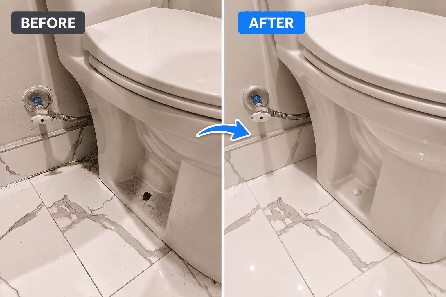 Toilet base before cleaning, with dark buildup on the porcelain and floor