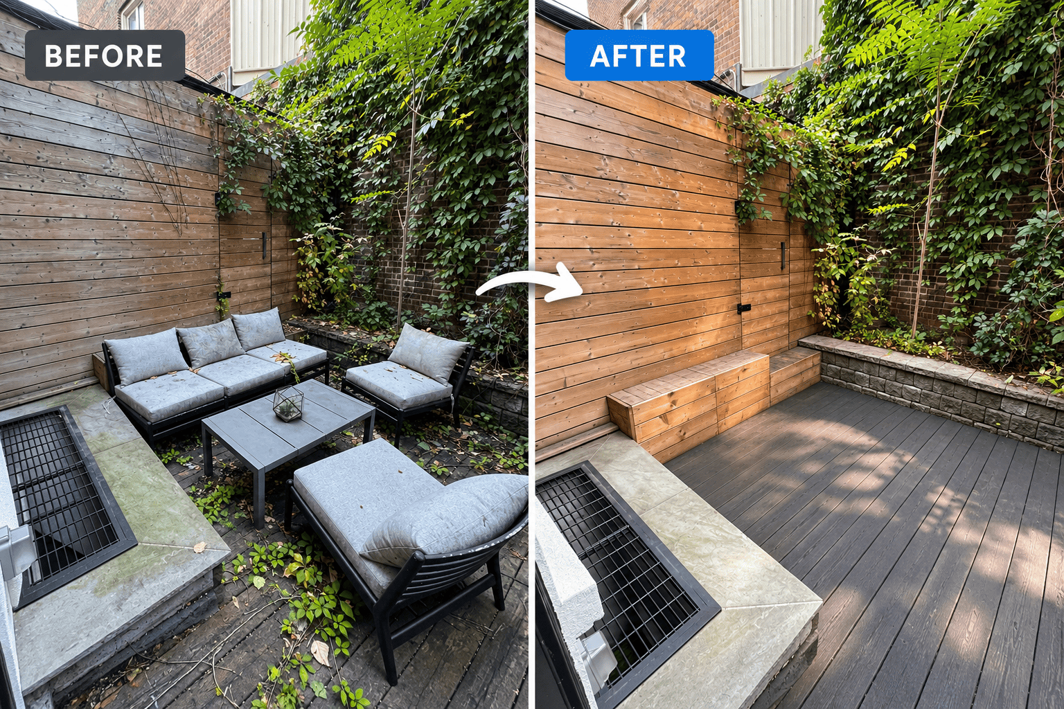 Before and after views of a backyard patio, with furniture on the left and a cleared deck on the right