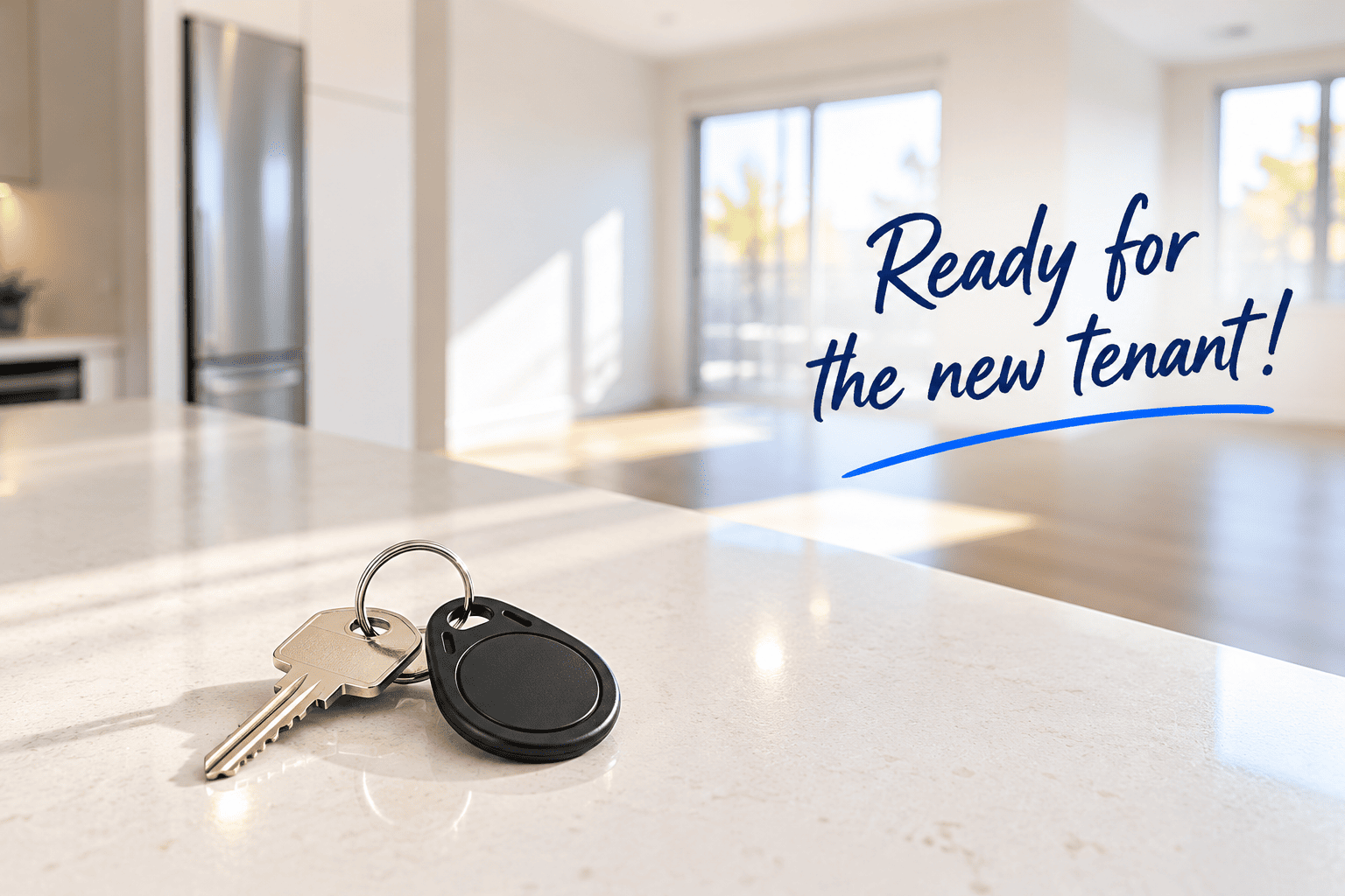 Keys on a counter in a bright home with Ready for the new tenant text
