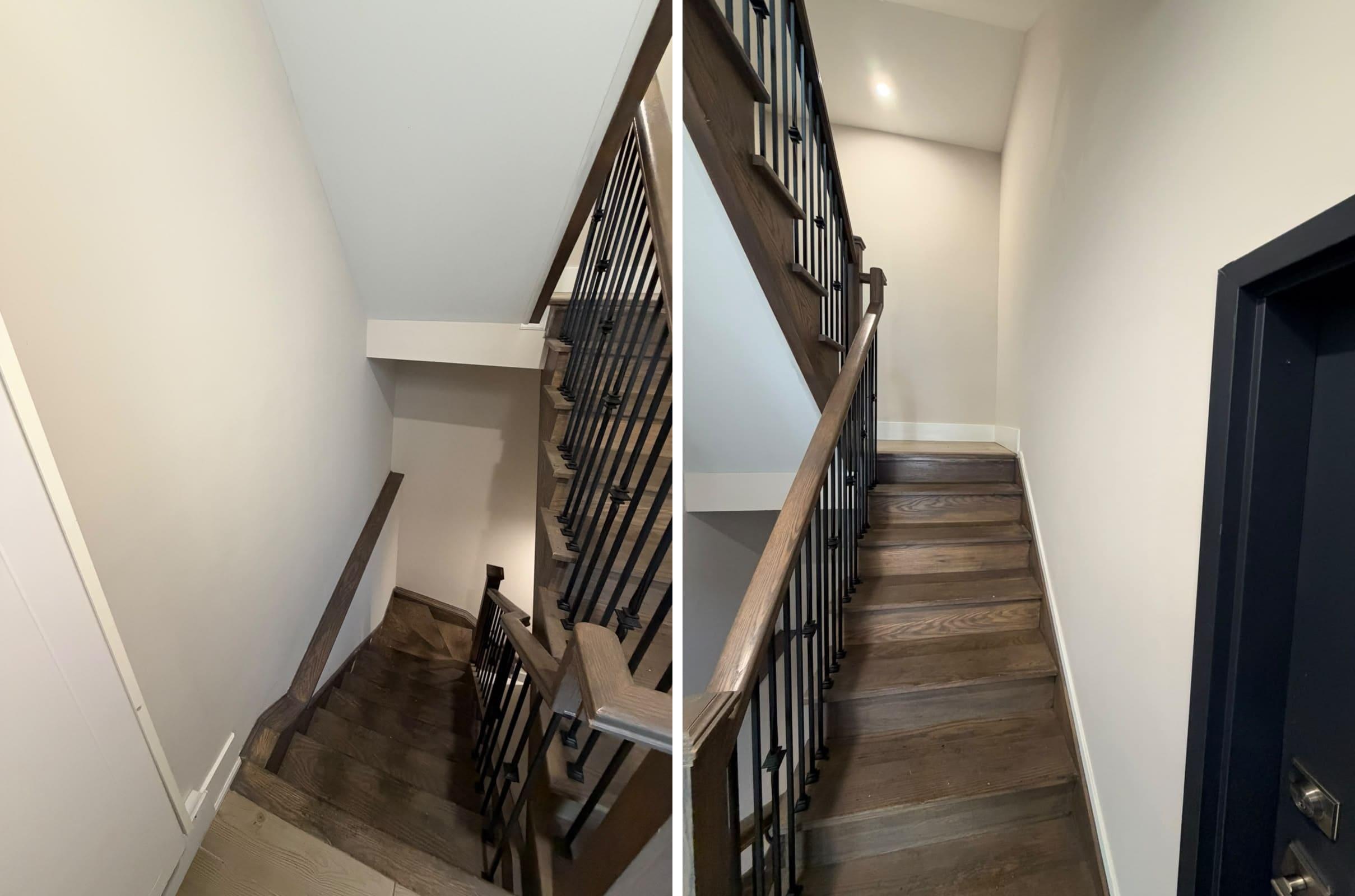 The same stairwell after a turnover deep clean, with clean walls and stairs
