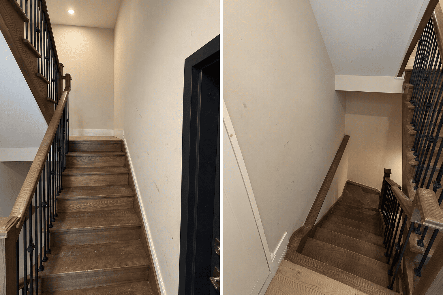 Stairwell before a turnover deep clean, with scuffed marked walls and dusty hardwood stairs