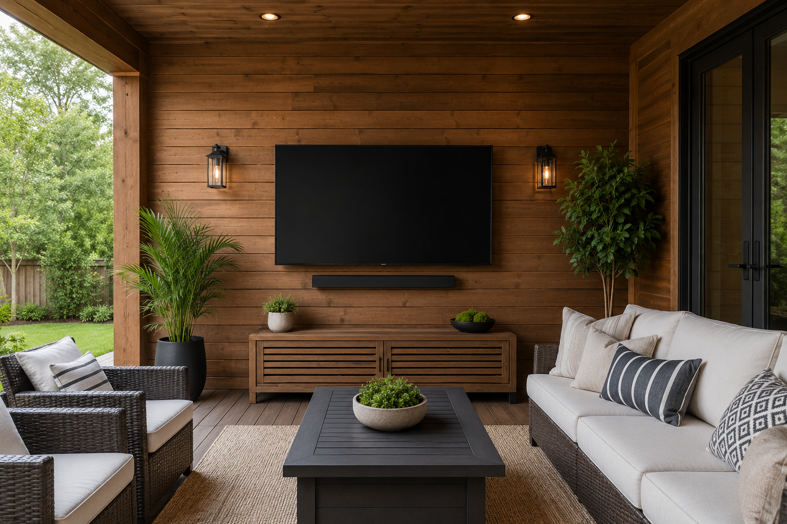 TV mounted on a covered patio in Toronto \u2014 professional Torr Handyman outdoor install