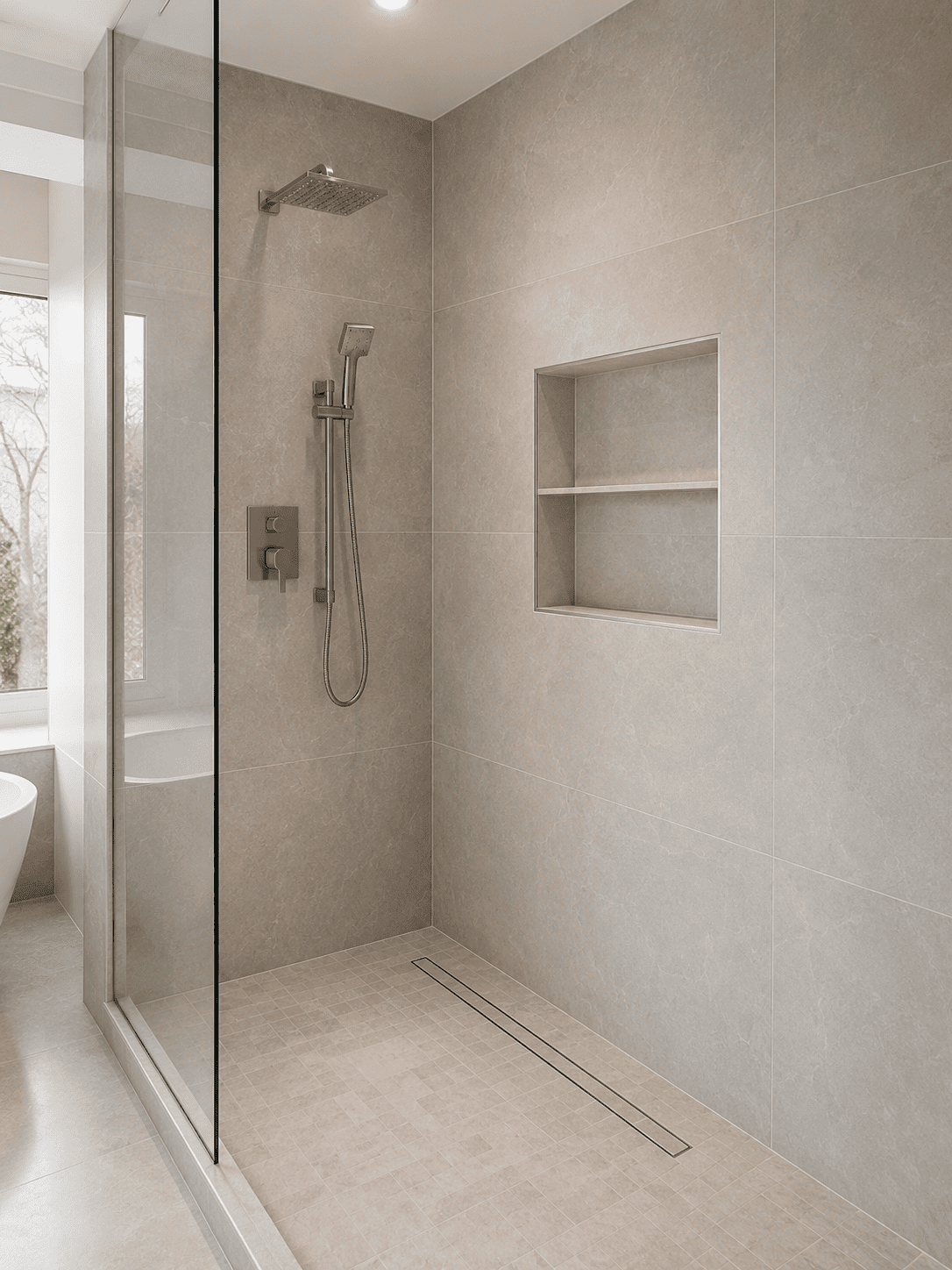Tiled walk-in shower surround in a Toronto bathroom with waterproofed niche