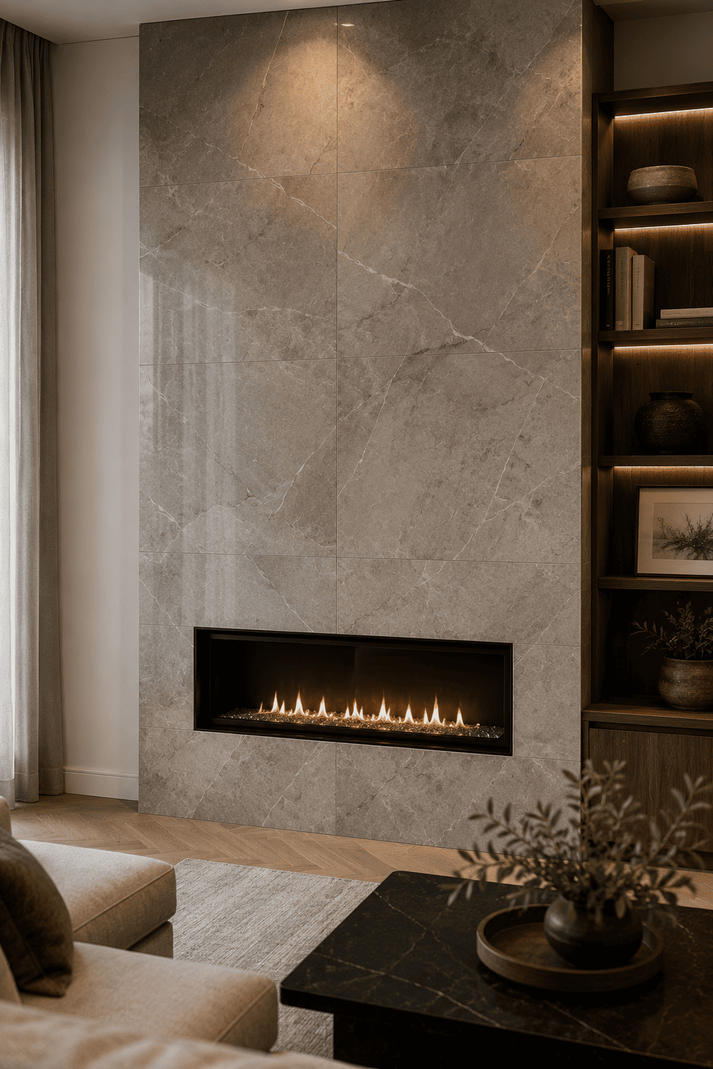Natural stone fireplace surround feature wall in a Toronto living room
