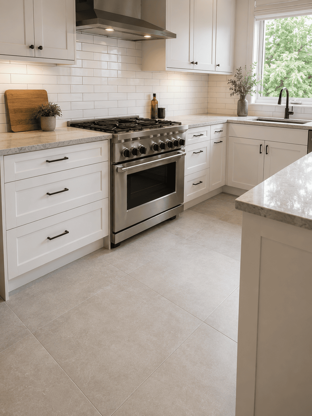 Subway tile kitchen backsplash and large-format porcelain floor in a Toronto kitchen