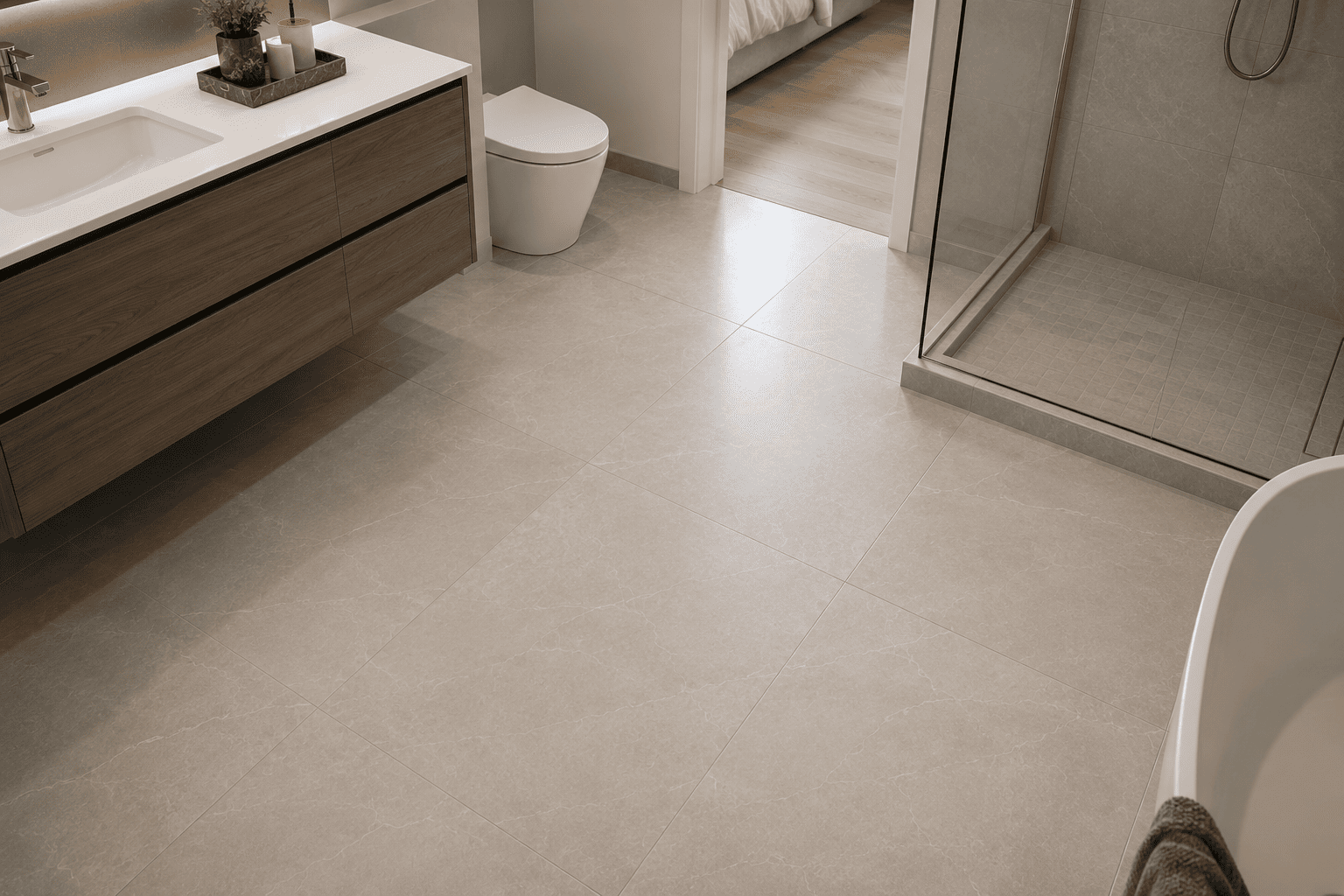 Large-format porcelain tile flooring in a Toronto condo bathroom