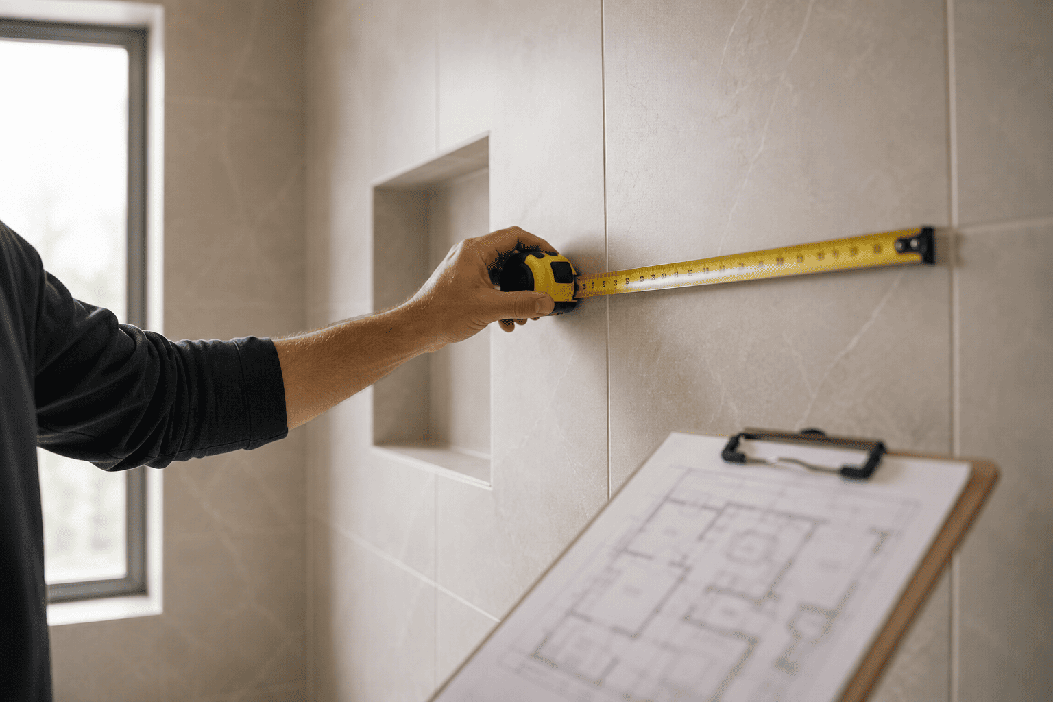 Tile installer measuring a Toronto bathroom for a fixed quote